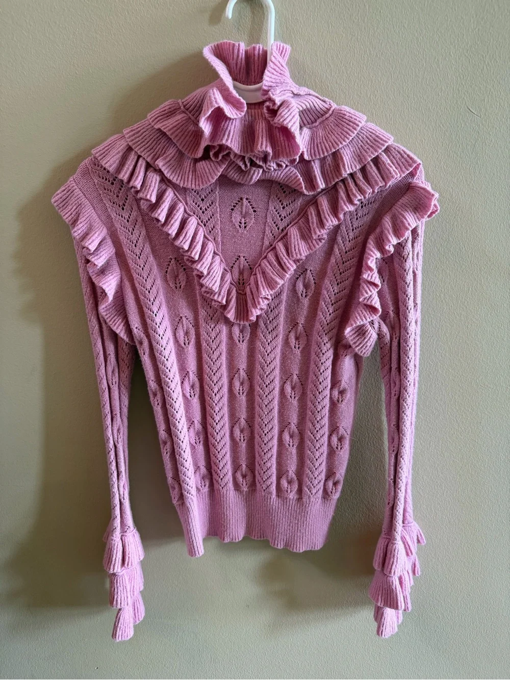 SHEIN Pink Ruffled Cable-Knit Turtleneck Sweater